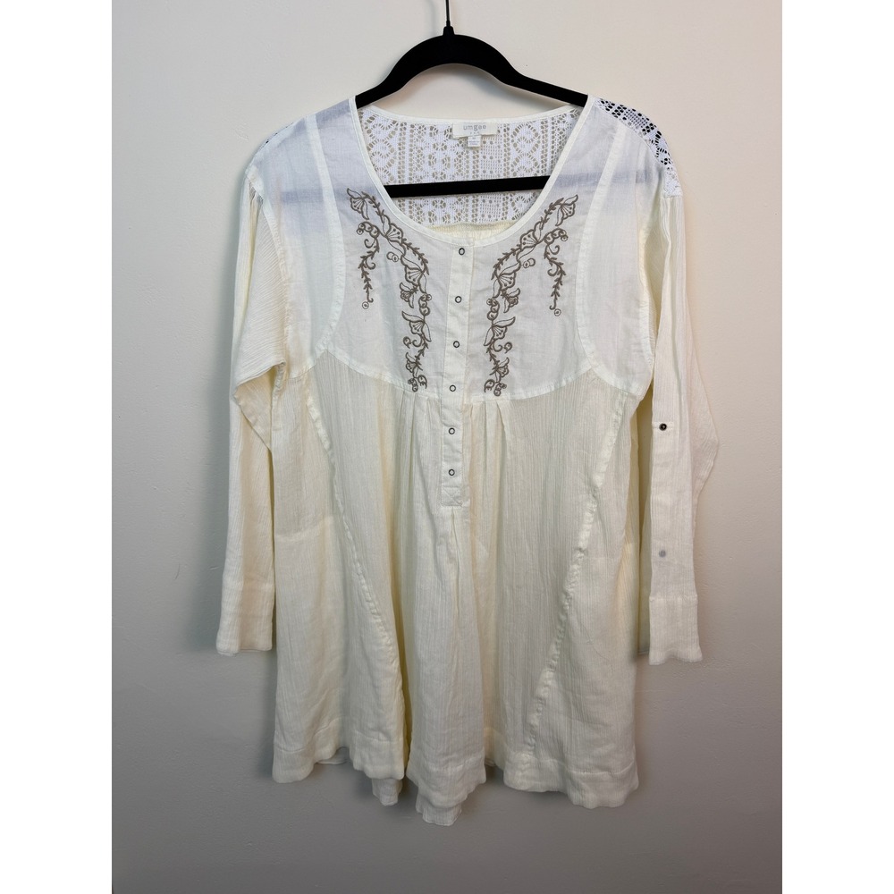 Umgee Boho Crinkle Gauze Lace Tunic Top Cream Embroidered Peasant Cottagecore